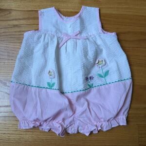 Baby Girl's Pink & White Seersucker Romper Bow Accent Embroidered Flowers